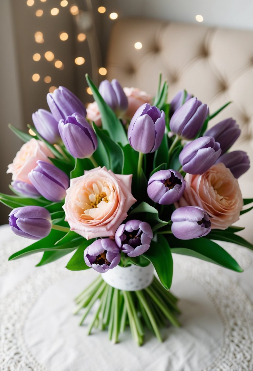 A bouquet of lavender tulips and blush roses arranged in a whimsical and romantic style