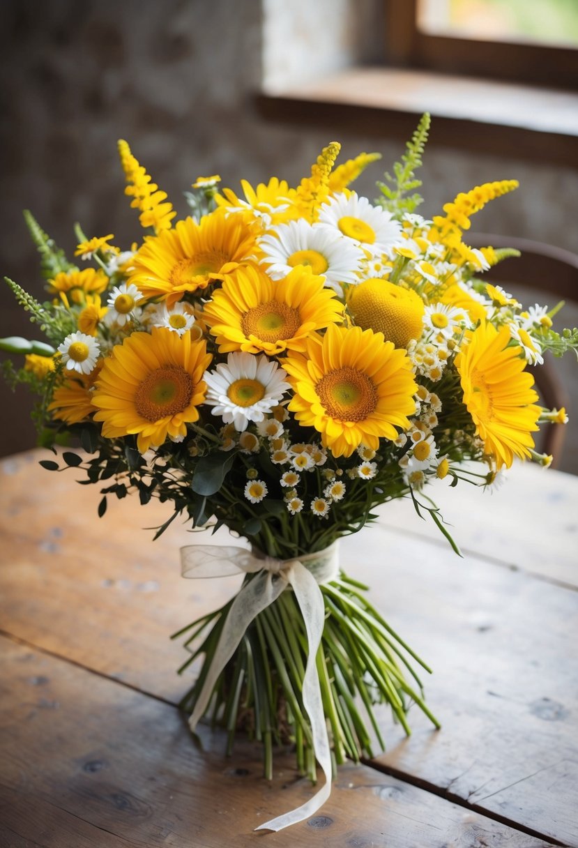 A vibrant bouquet of sunshine daisies and wildflowers, tied with a delicate ribbon, sits on a rustic wooden table