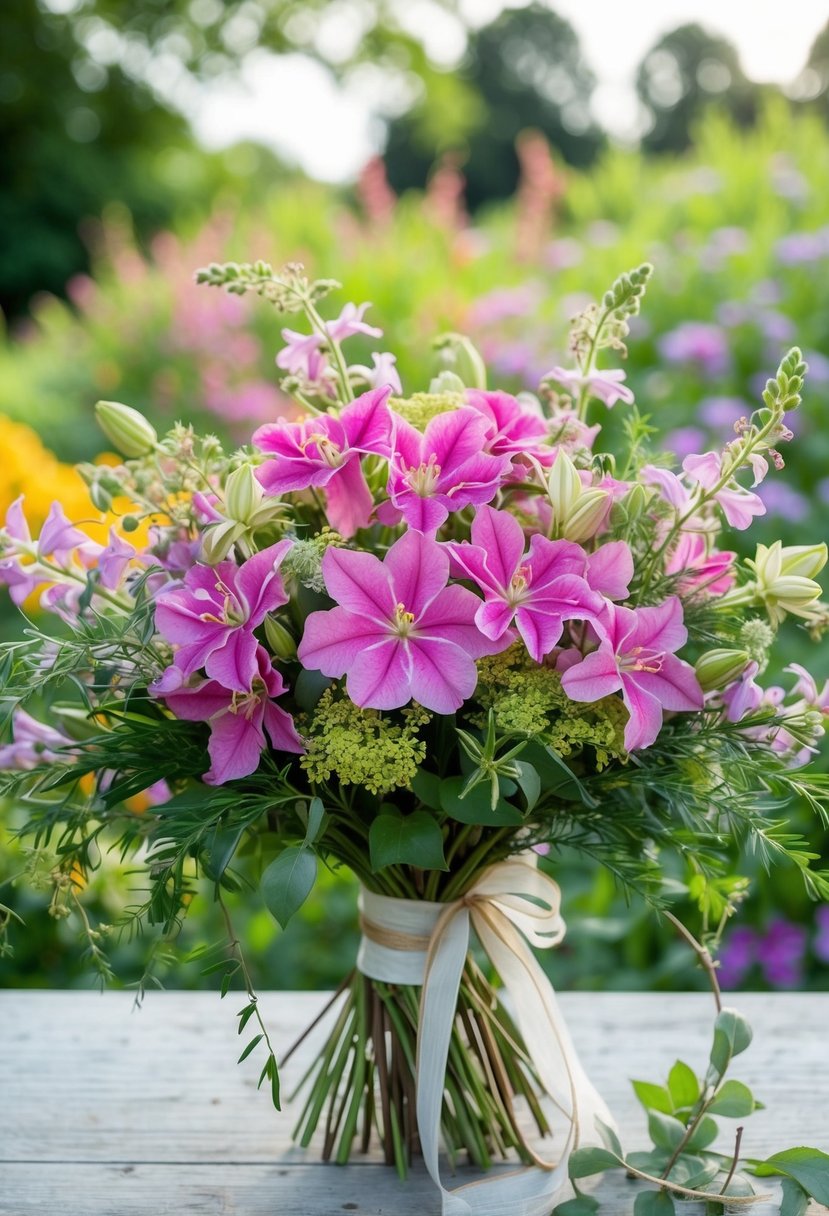 A vibrant bouquet of Garden Phlox and Clematis Charm wildflowers, arranged in a rustic, hand-tied style, with flowing greenery and delicate ribbon accents