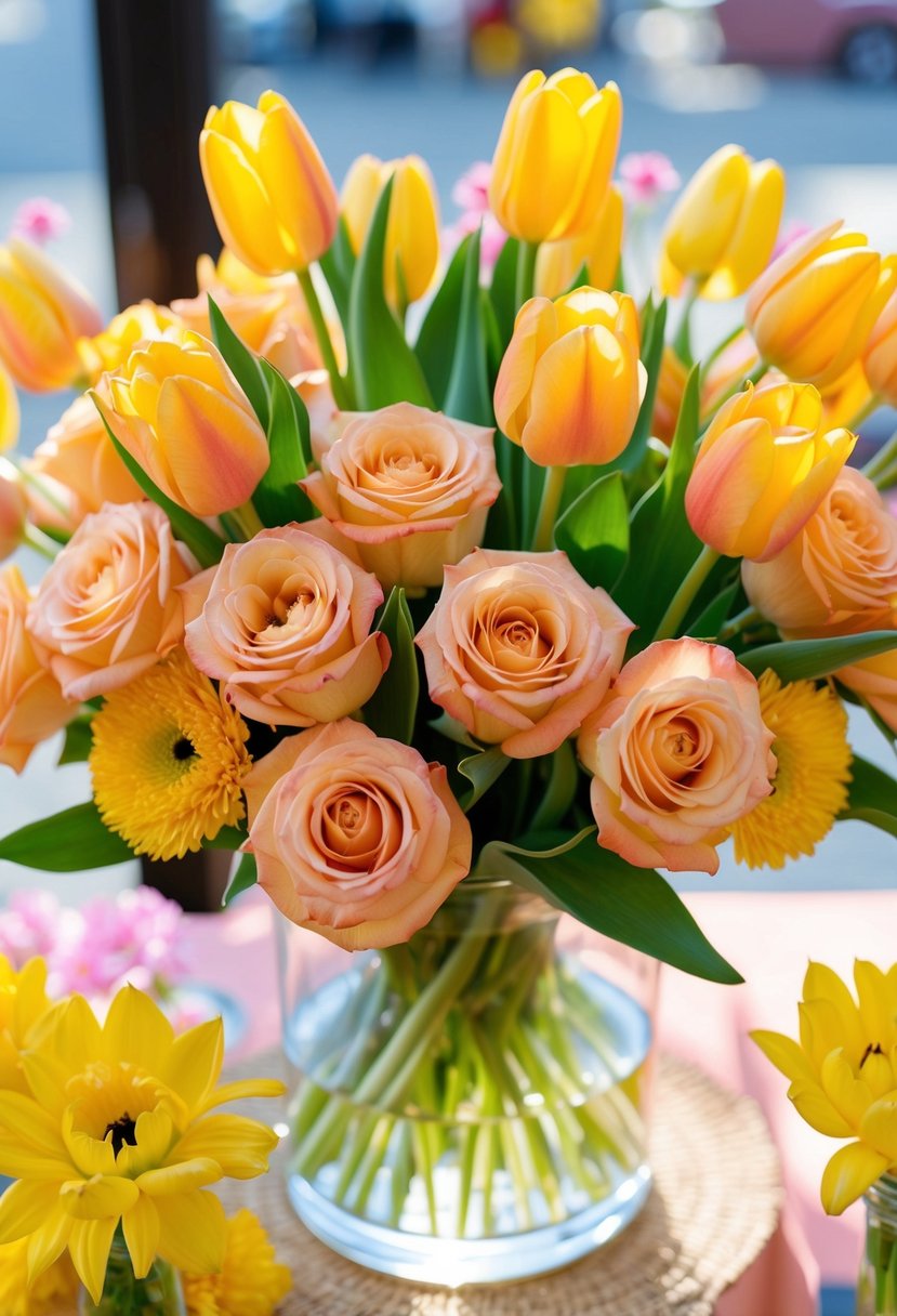 A bouquet of peach roses and yellow tulips arranged in a sunny, vibrant display