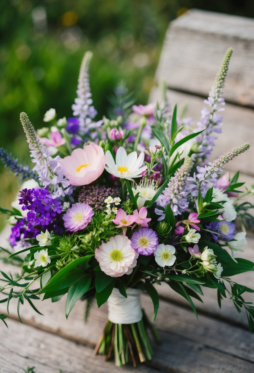 A vibrant medley of alpine wildflowers arranged in a wedding bouquet, featuring delicate blooms in shades of purple, pink, and white, accented with lush greenery