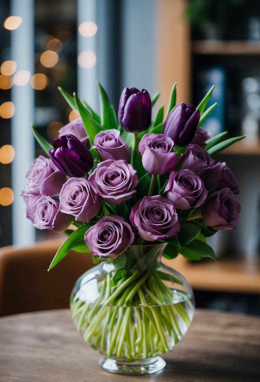 A bouquet of romantic mauve roses and deep purple tulips in a glass vase