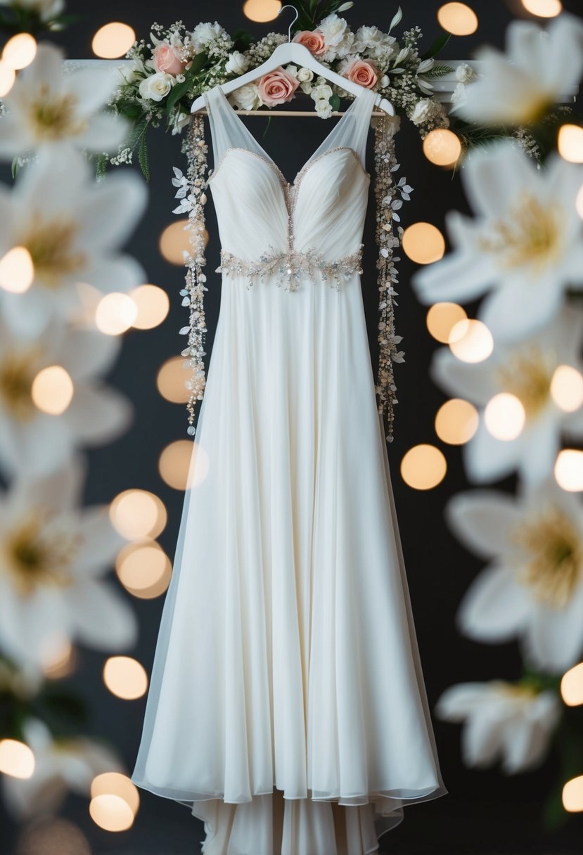 A flowing white gown draped over a hanger, surrounded by delicate lace, floral embellishments, and sparkling beads