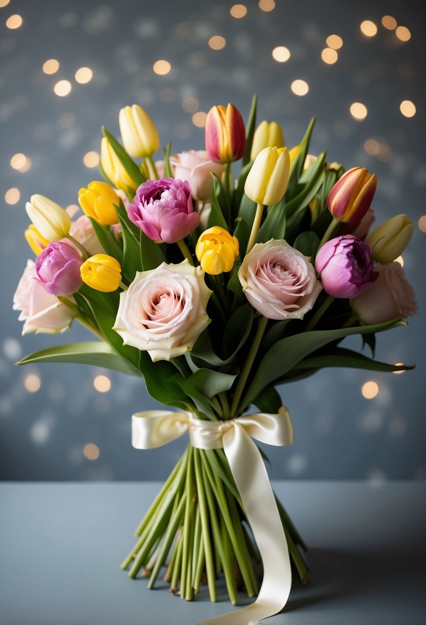 A lush bouquet of garden roses and variegated tulips, tied with a satin ribbon