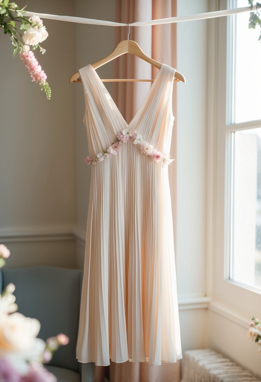 A flowy pleated cutout dress hangs on a hanger in a sunlit room with soft, pastel colors and delicate floral accents