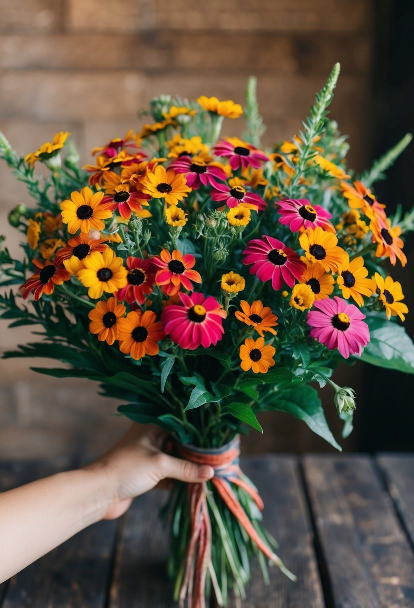 A vibrant bouquet of black-eyed Susan burst wildflowers in a rustic, hand-tied arrangement