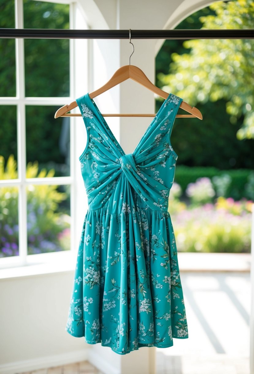 A teal twisted floral sundress hanging on a hanger in a sunlit room with a window overlooking a garden