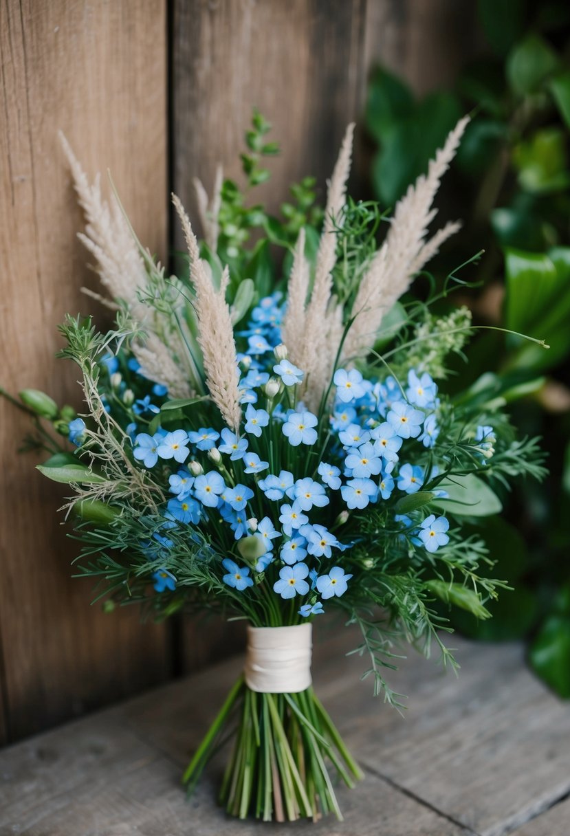 A vibrant bouquet of forget-me-nots and medium vernal grass, intertwined with delicate greenery, creating a whimsical and natural wedding arrangement