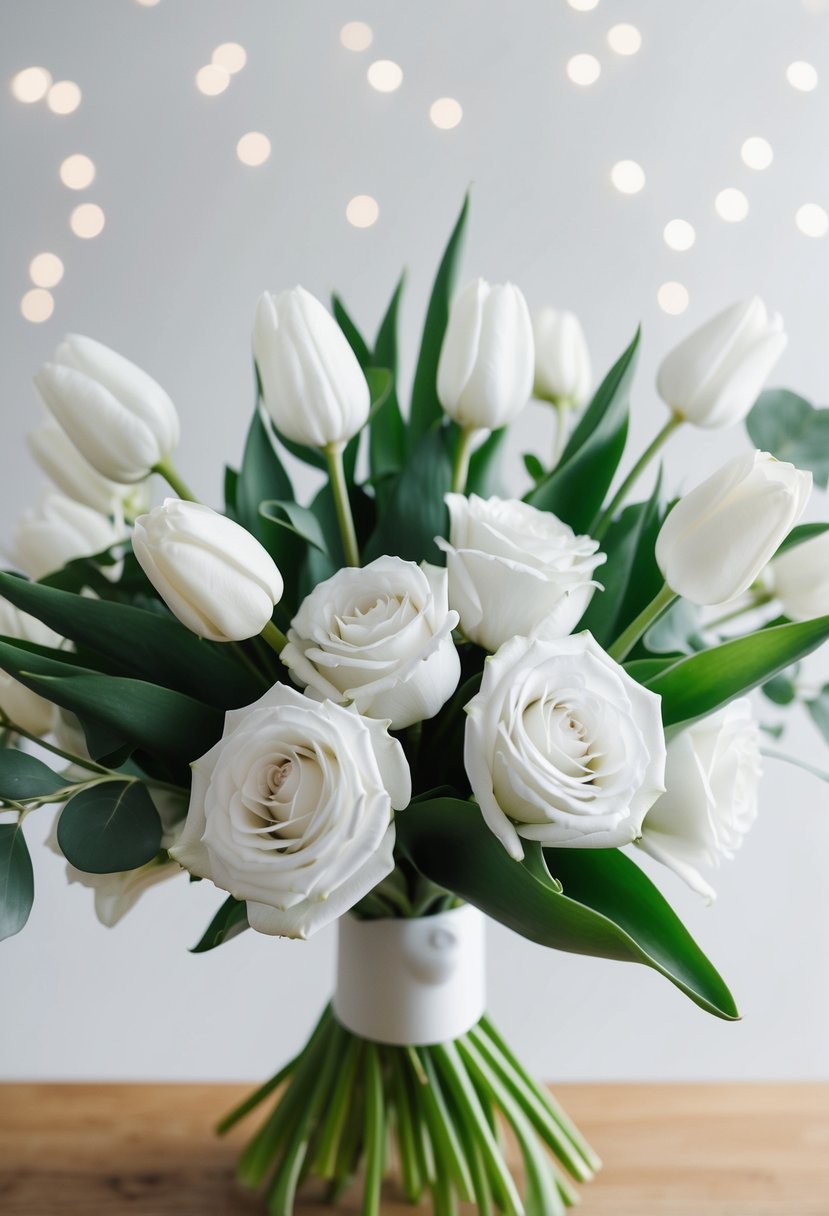 A chic monochromatic bouquet of white roses and tulips arranged in a modern, minimalist style