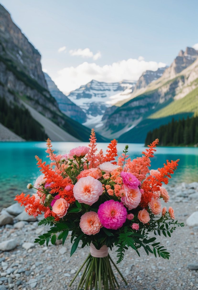 A lush bouquet of pink and coral wildflowers, set against the backdrop of Glacier Park's majestic mountains and crystal-clear lakes