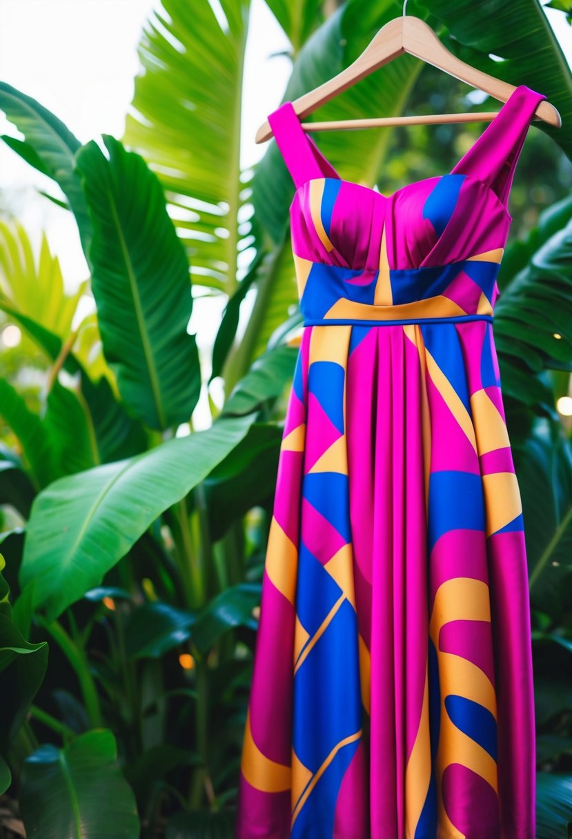 A vibrant silk dress hangs on a hanger against a backdrop of lush tropical foliage