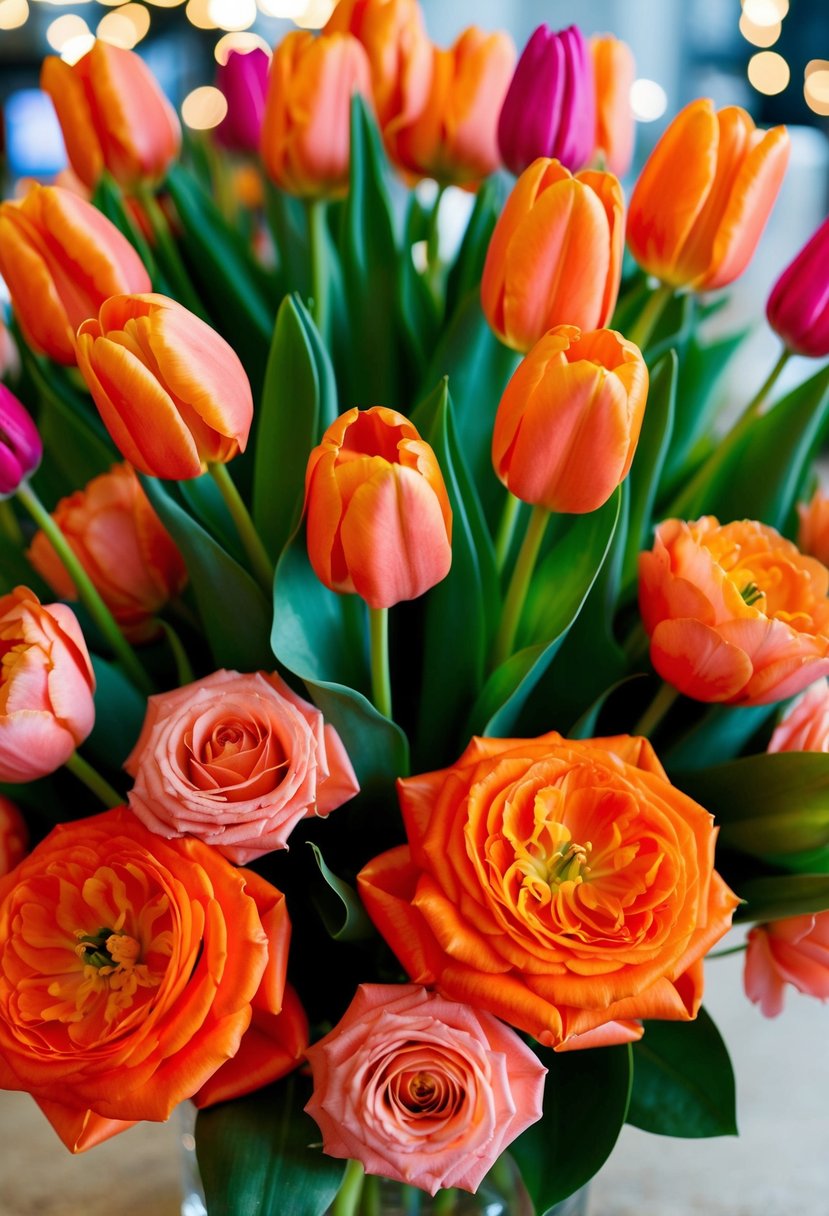 A bouquet of vibrant orange tulips and coral roses arranged in a bold and eye-catching display