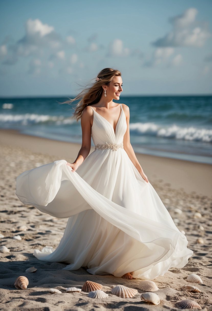 A flowing chiffon wedding dress blowing in the ocean breeze on a sandy beach with seashells scattered around