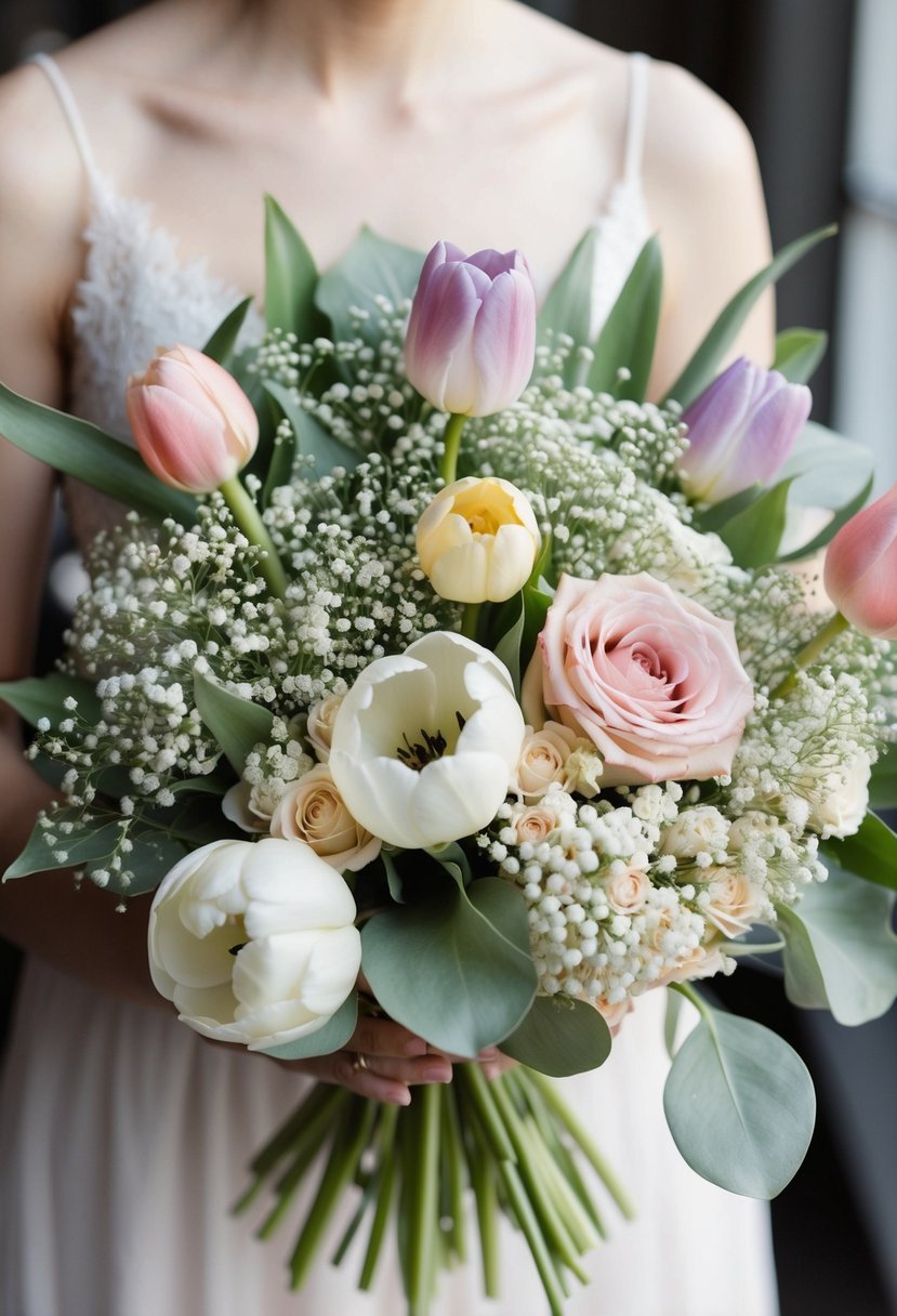 A wedding bouquet of delicate baby's breath, pastel tulips, and roses