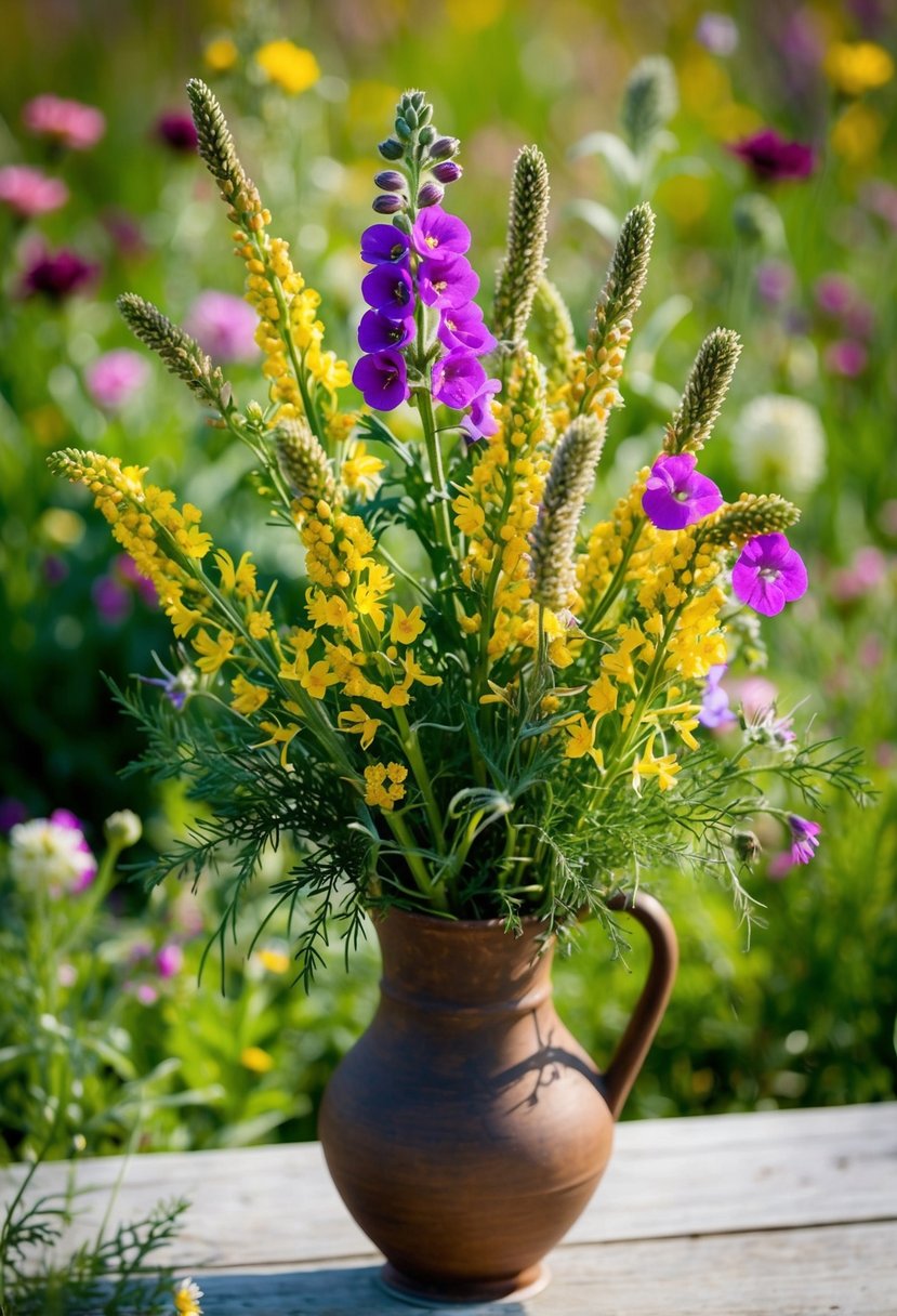 A vibrant bouquet of yarrow and snapdragons, surrounded by wildflowers and greenery, arranged in a rustic vase