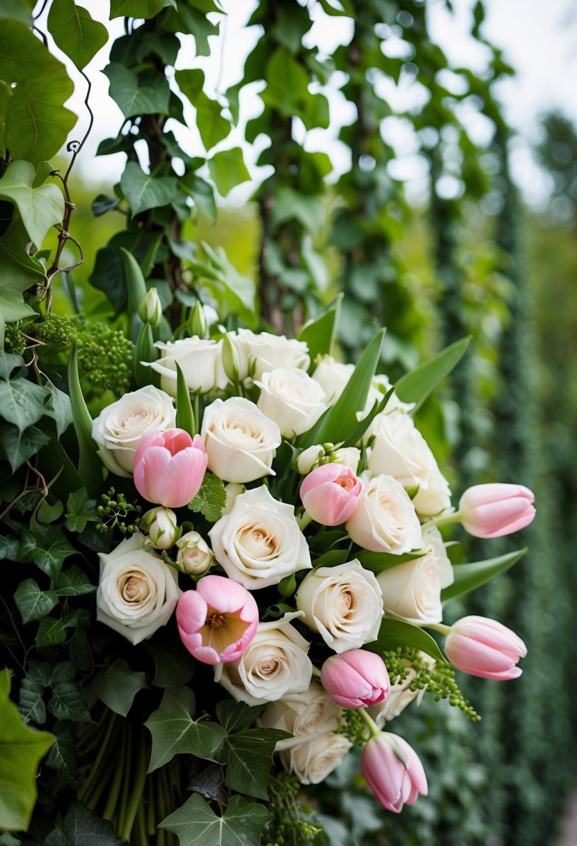 A lush bouquet of ivory roses and pink tulips intertwined with ivy trails