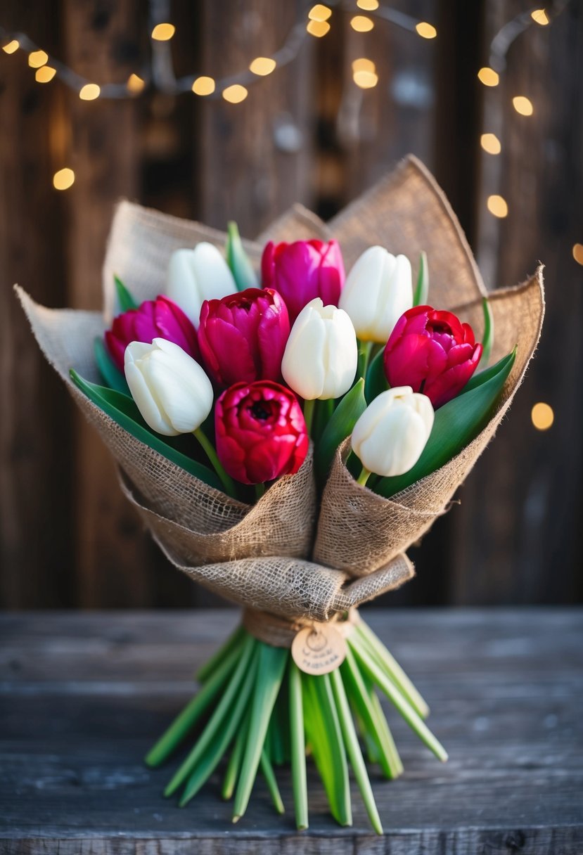 A bouquet of burlap-wrapped tulips and roses, exuding rustic charm