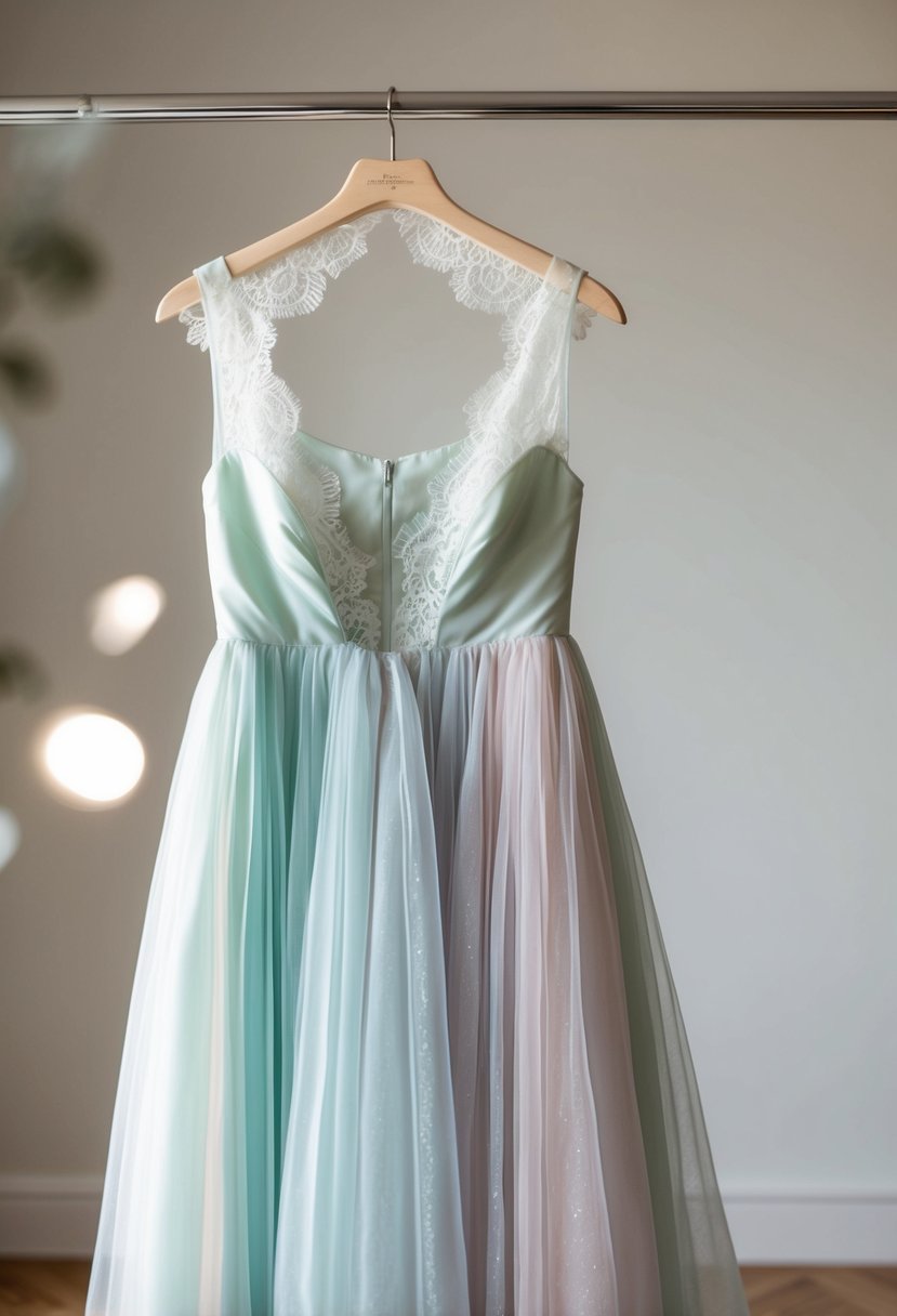 A flowing organza gown in soft pastel hues, draped over a hanger with delicate lace details and a subtle shimmer catching the light