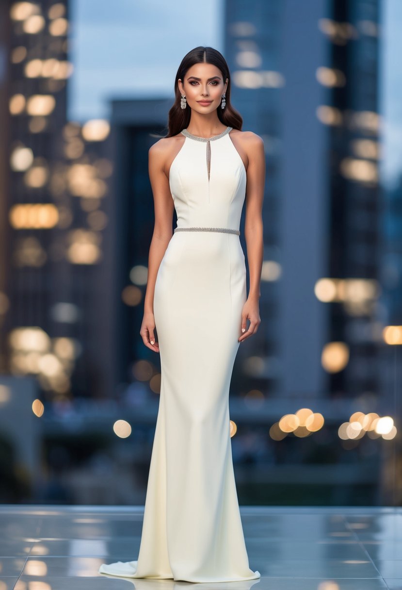 A sleek, sleeveless, floor-length sheath dress in ivory, with a high neckline and subtle, modern detailing