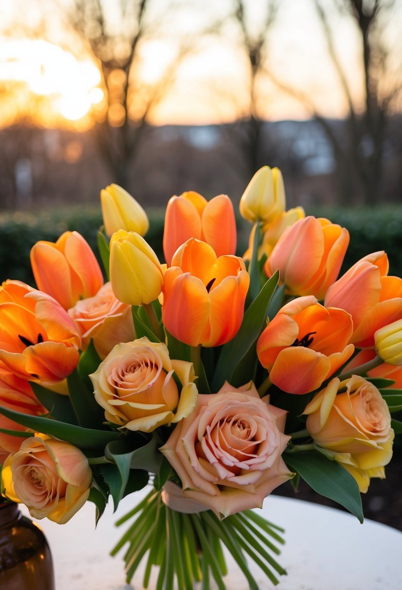 Orange tulips and peach/yellow roses arranged in a wedding bouquet, bathed in the warm hues of a sunset