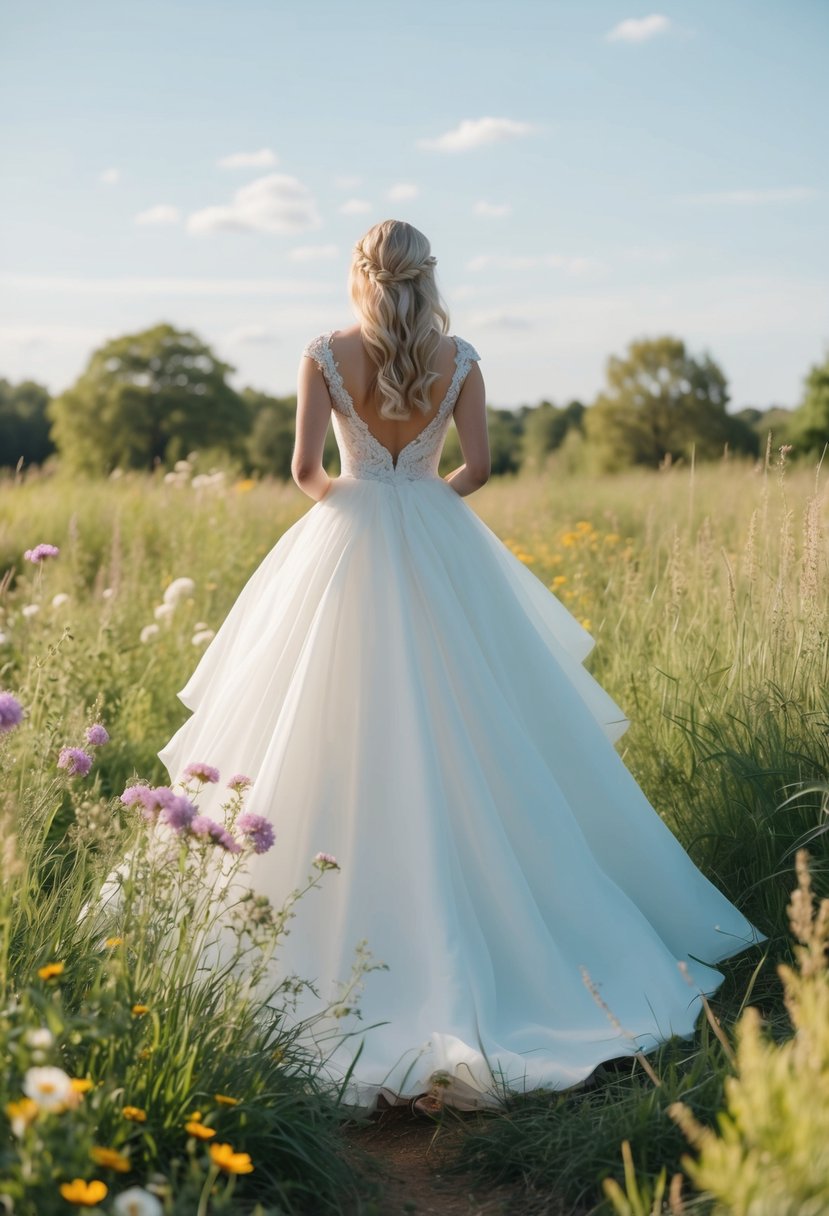 An A-line wedding dress billows in the breeze, surrounded by blooming wildflowers and swaying grass