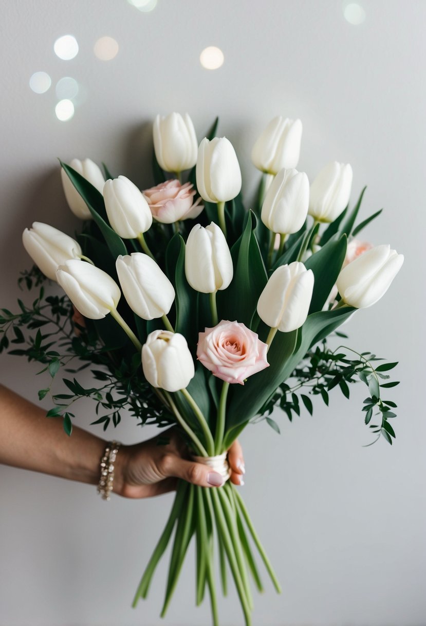 A simple bouquet of white tulips and greenery, accented with delicate pink roses