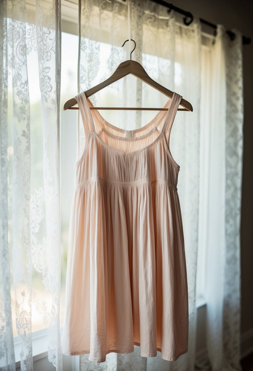 A flowing pastel-colored cotton dress hangs on a rustic wooden hanger, bathed in soft natural light filtering through lace curtains