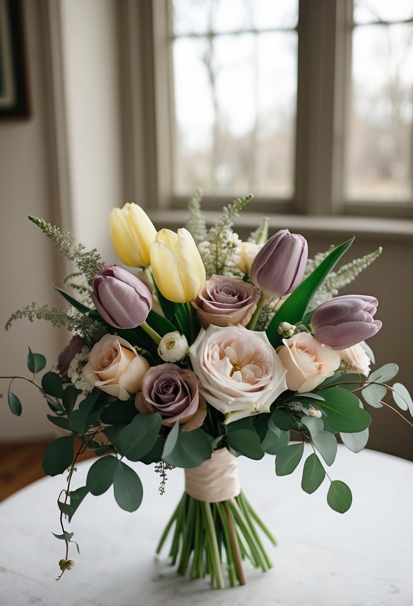 A vintage wedding bouquet featuring dusty miller, muted tulips, and roses