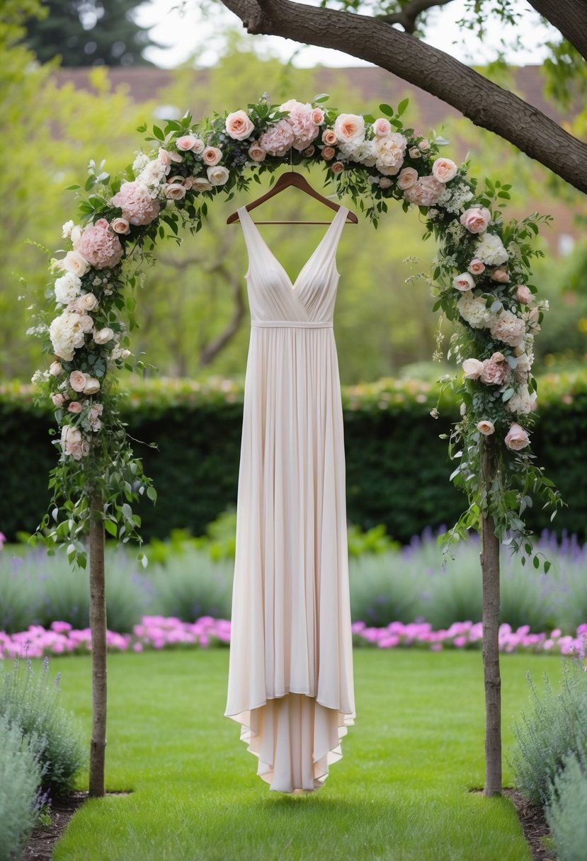 A serene garden setting with a blooming floral archway and a flowing, elegant maxi dress hanging from a tree branch