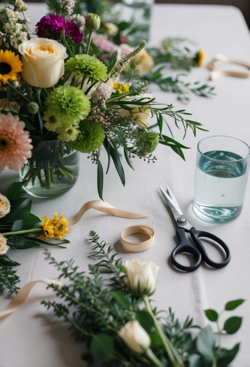 A table covered in assorted flowers, greenery, ribbon, and scissors. A vase of water sits nearby