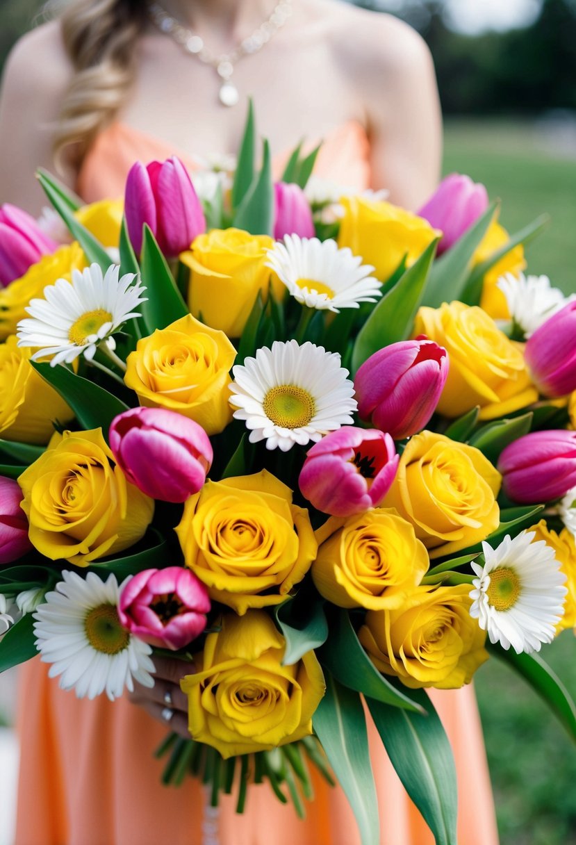 A vibrant bouquet of yellow roses, pink tulips, and daisies arranged in a joyful and cheerful wedding bouquet