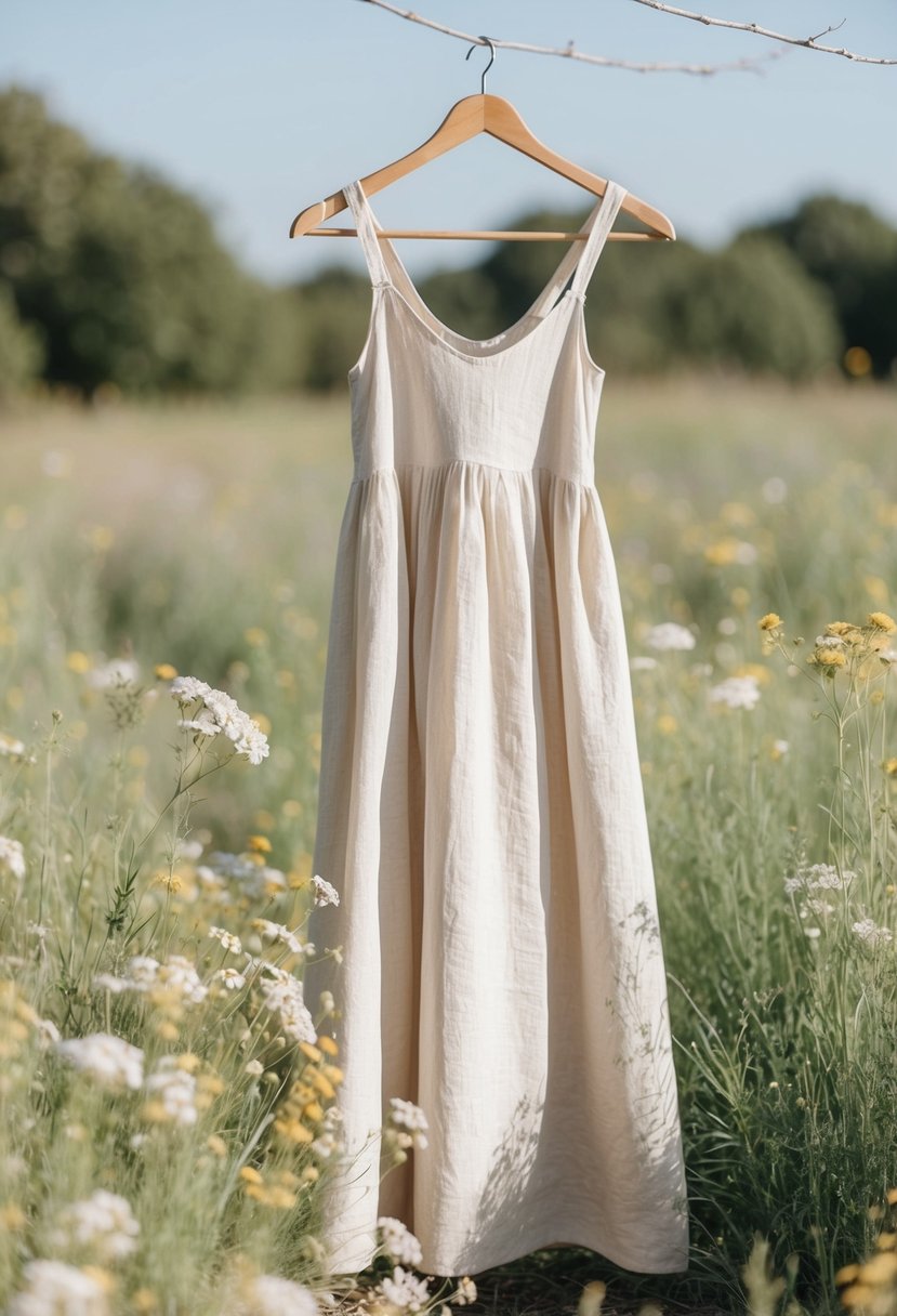 A light, flowing linen dress hangs on a hanger, surrounded by delicate wildflowers and a soft, natural color palette