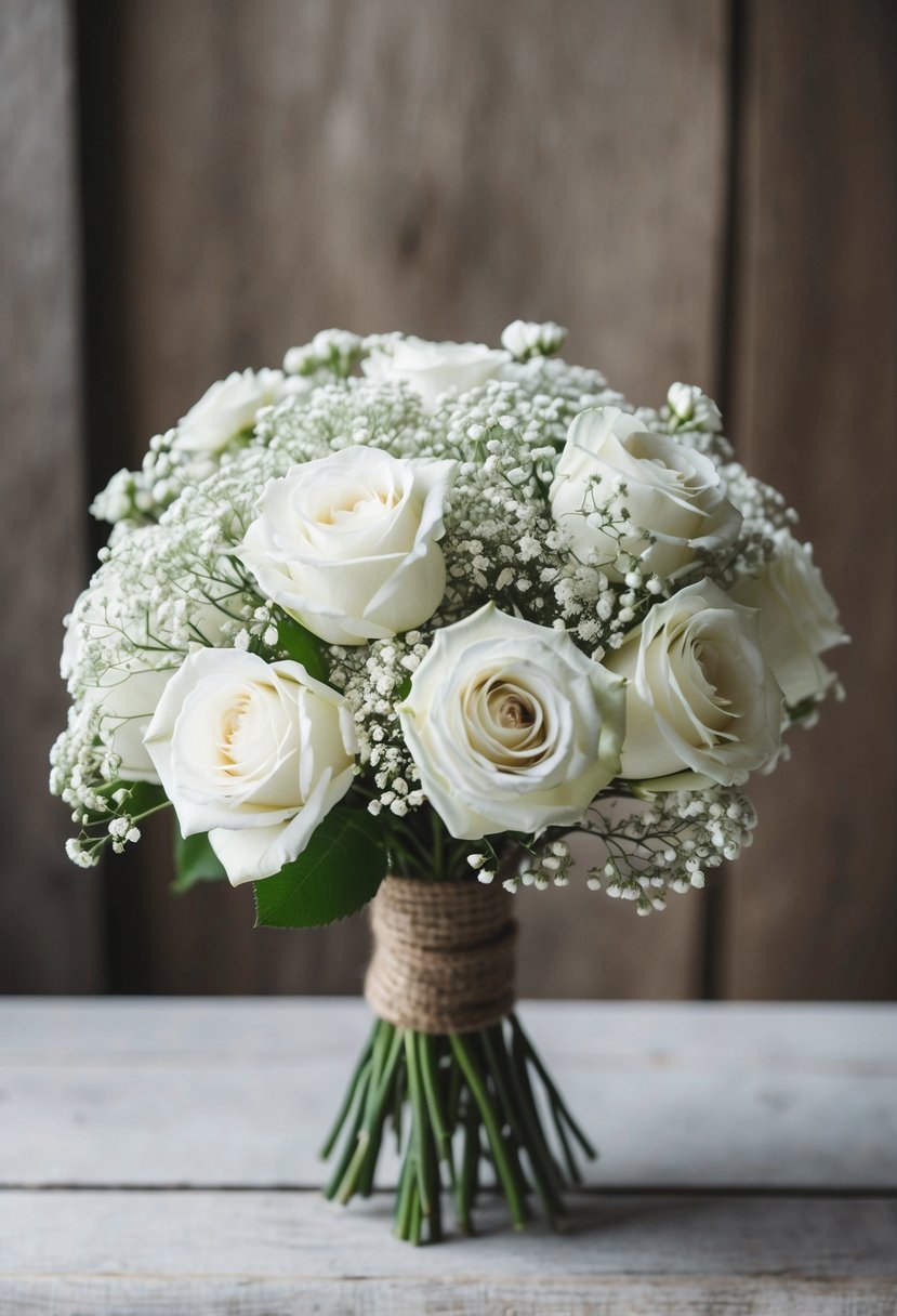 A delicate bouquet of white roses and baby's breath arranged in a rustic, DIY style