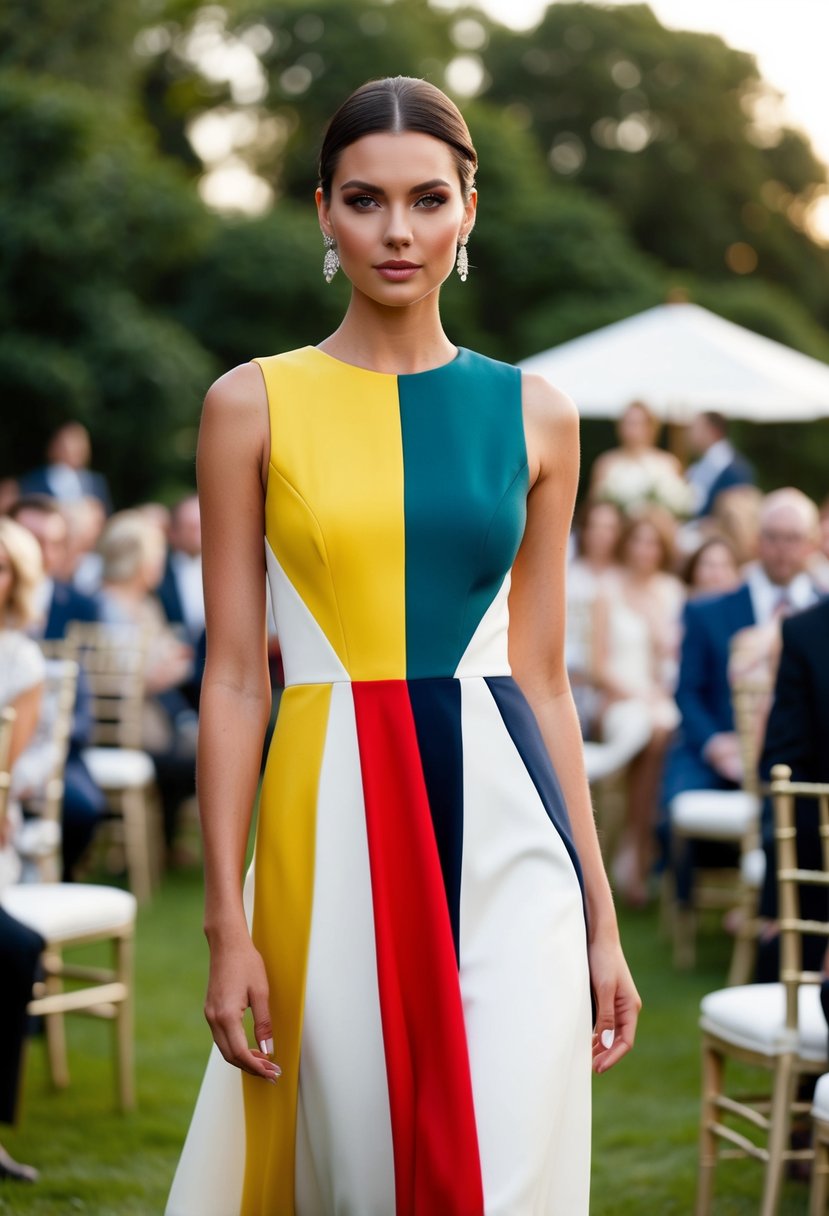 A model wearing a sophisticated color block dress at an elegant outdoor June wedding