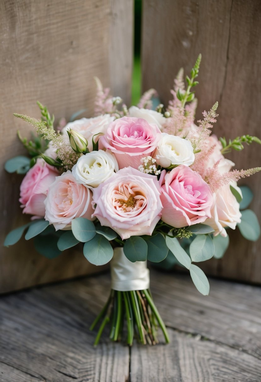 A delicate bouquet of pink garden roses and Israeli ruscus, carefully arranged in a DIY wedding bouquet