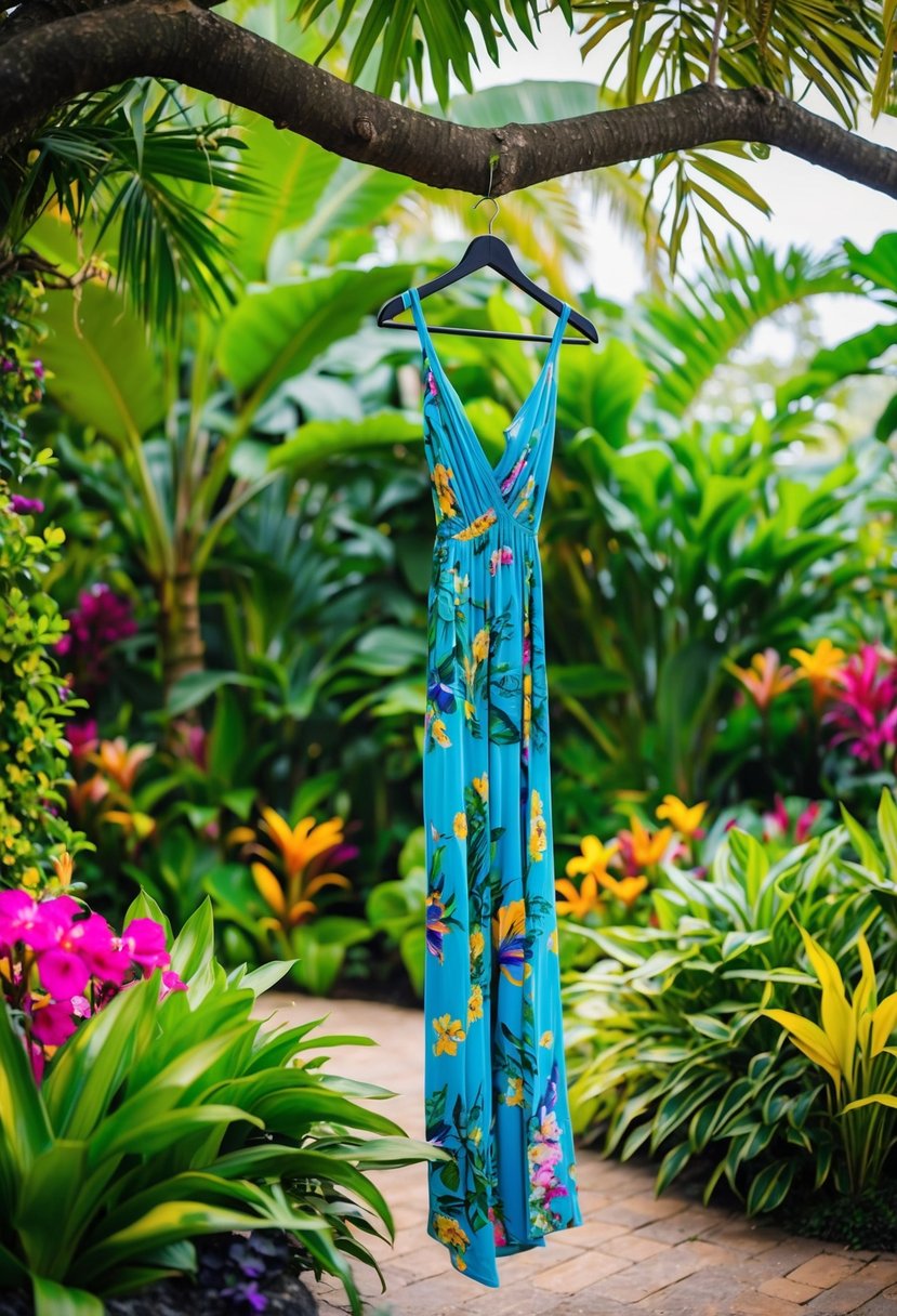 A colorful tropical garden with lush foliage and vibrant flowers, with a flowing maxi dress hanging from a tree branch