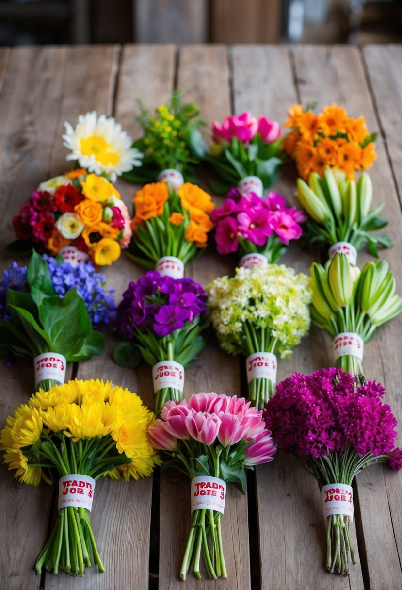 A collection of colorful, assorted fresh flowers from Trader Joe's arranged on a rustic wooden table, ready for a DIY wedding bouquet