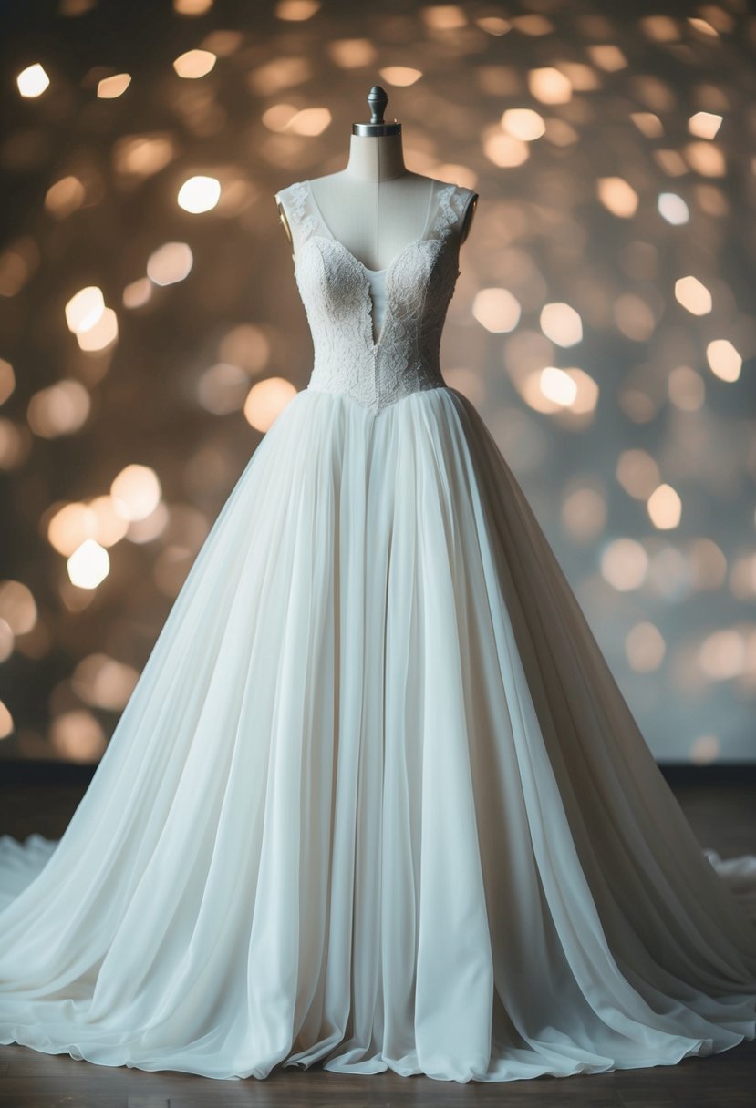 A flowing ball gown made of lightweight fabric, cascading in soft folds, with delicate lace detailing and a subtle shimmer