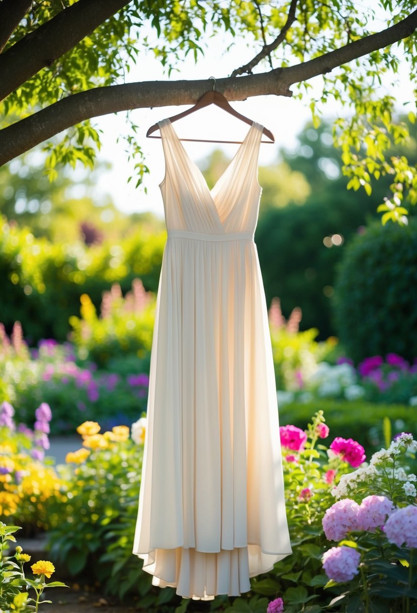 A serene garden setting with a flowing sleeveless dress hanging from a tree branch, surrounded by colorful flowers and dappled sunlight