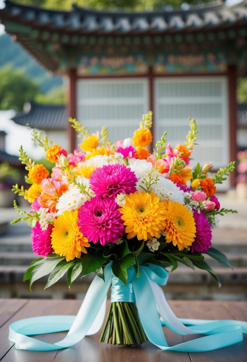 A traditional Korean wedding bouquet with bright, colorful flowers and delicate ribbons, arranged in a graceful and elegant manner