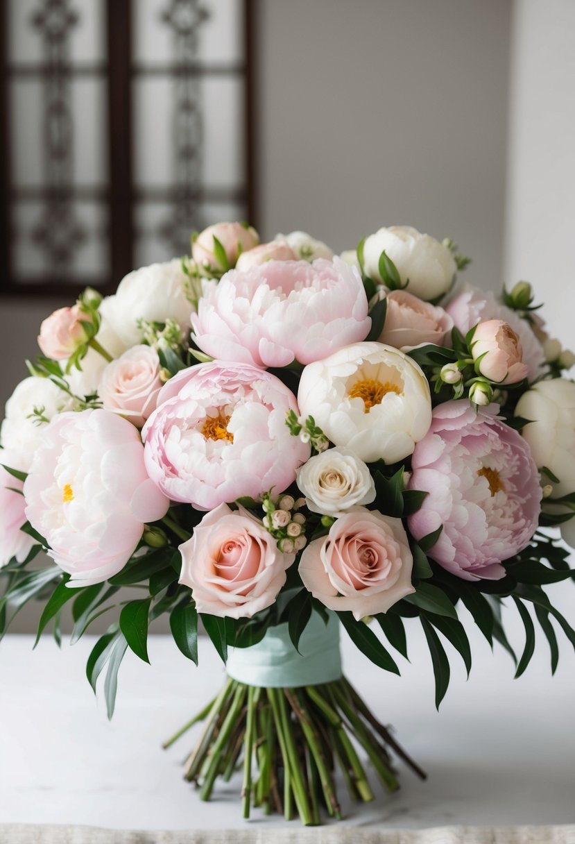 A lush bouquet of delicate peonies and roses arranged in a traditional Korean wedding style