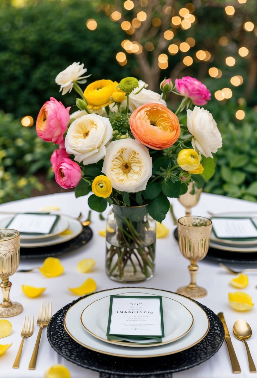 A table set with fresh garden roses and ranunculus, surrounded by scattered petals and greenery