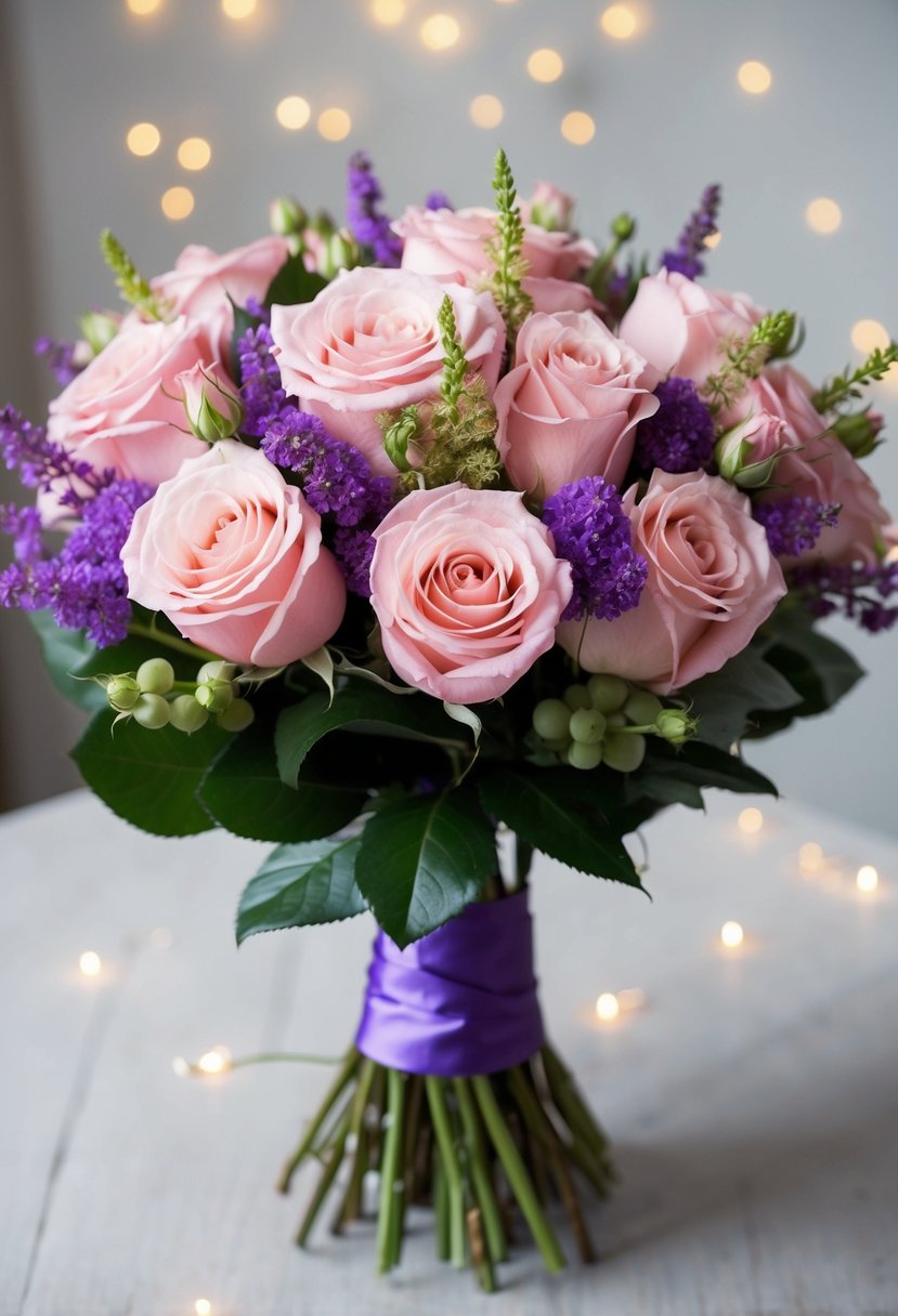 A bouquet of blush pink roses and purple fillers arranged in a Korean wedding style