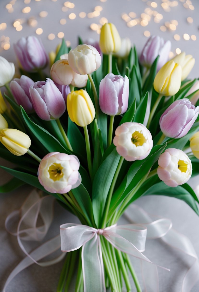 A lush bouquet of tulips and ranunculus in soft pastel shades, tied with a delicate ribbon