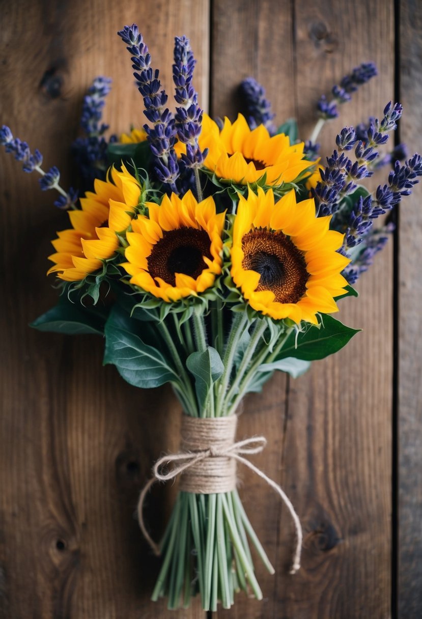 A rustic bouquet of sunflowers and lavender tied with twine