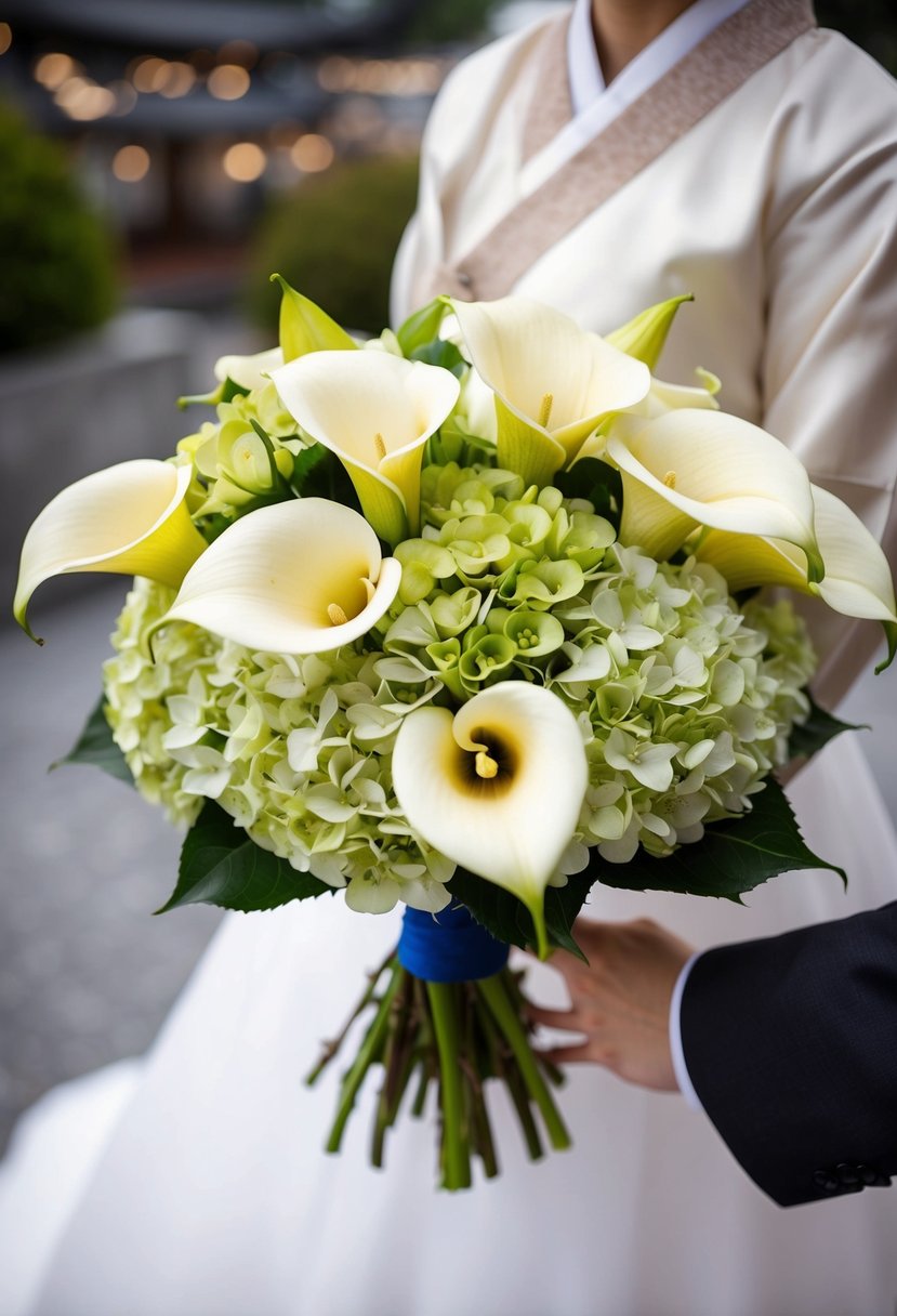 A bouquet of calla lilies and hydrangeas arranged in a traditional Korean wedding style