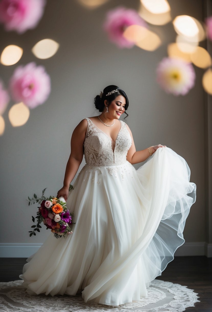 A curvy bride twirls in a flowing wedding dress, surrounded by delicate lace and intricate beading, with a bouquet of vibrant flowers in hand