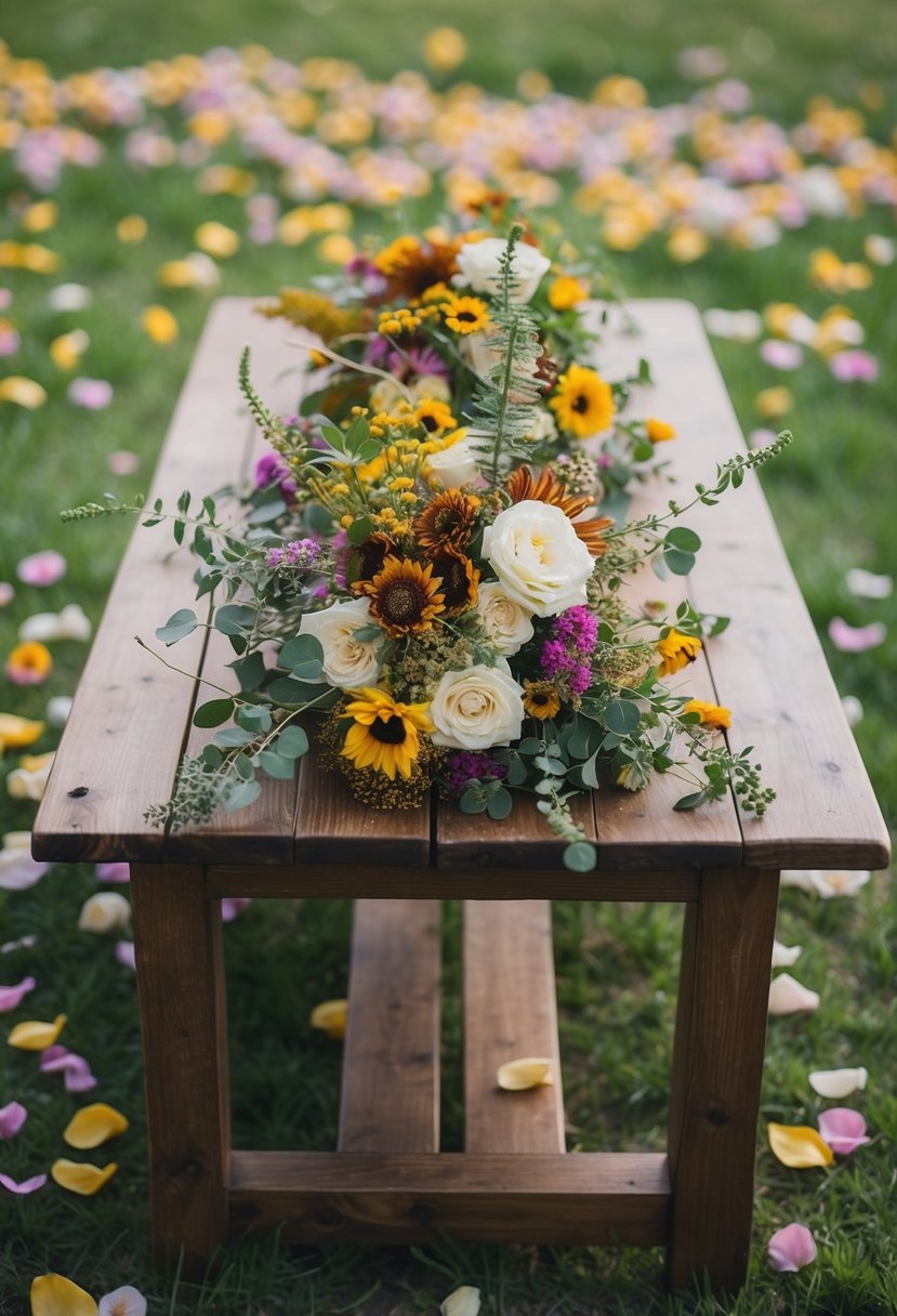 A wooden table adorned with a rustic wildflower bouquet, surrounded by scattered flower petals and greenery