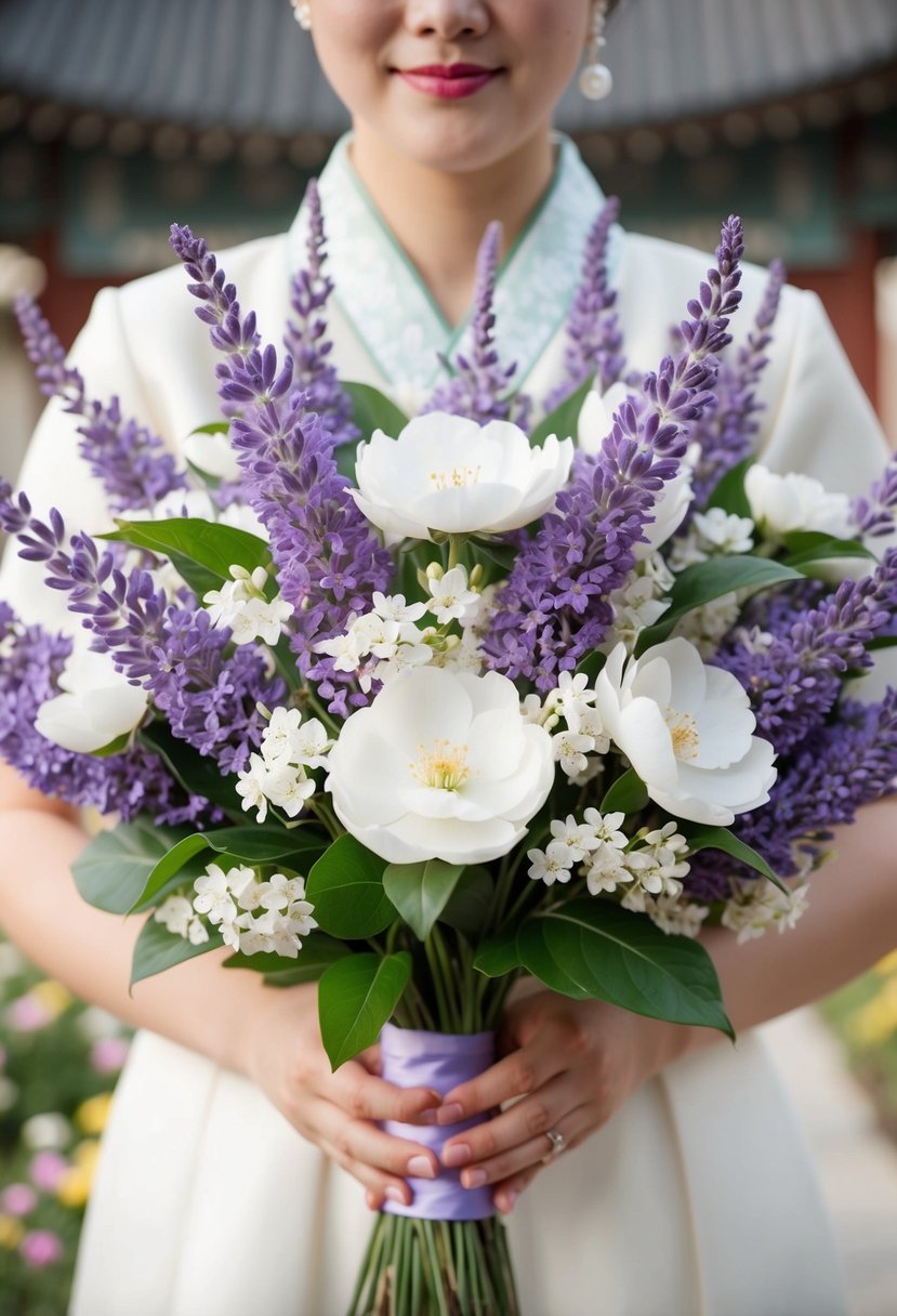 A delicate bouquet of lavender and white blossoms arranged in a traditional Korean wedding style