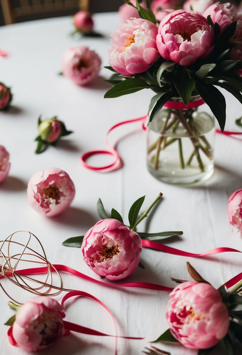 A table with scattered peony flowers, ribbon, and floral wire